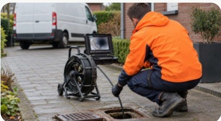 Camera-inspectie van een rioolput naast de bedrijfsbus