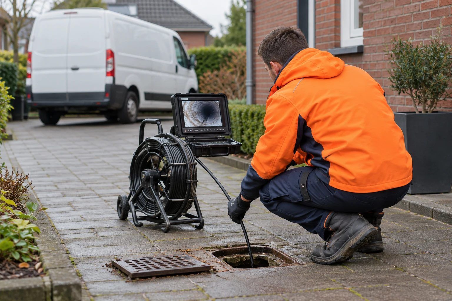 Monteur van TQ Rioolservice doet een camera-inspectie van een rioolput in Malden