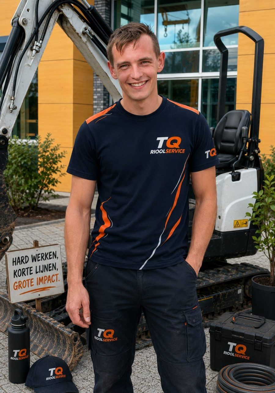 Medewerker van TQ Rioolservice in bedrijfskleding bij het materieel